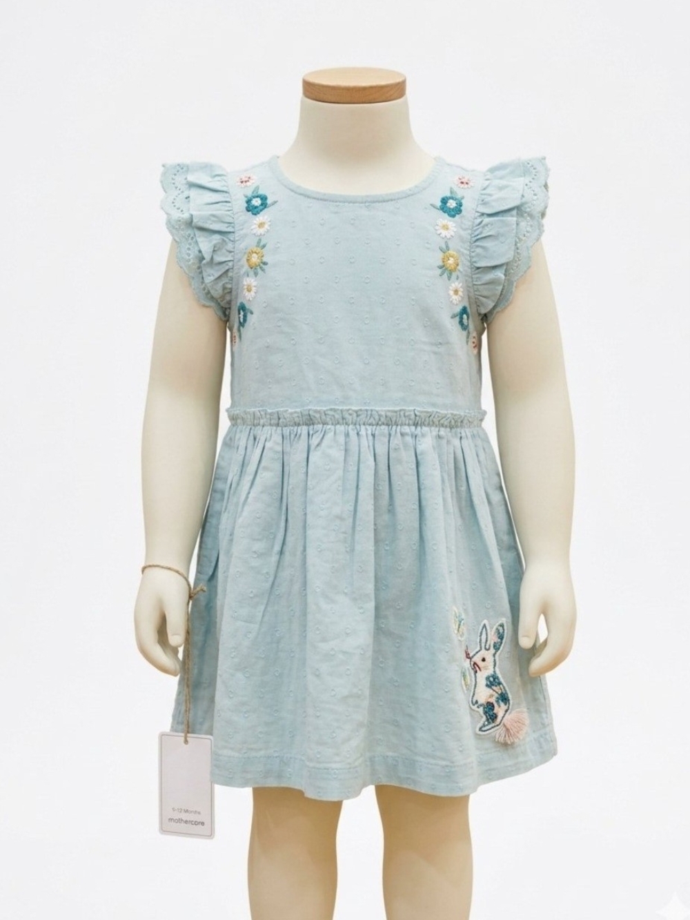 MOTHERCARE Whimsical Light Blue Embroidered Bunny Floral Cotton Dobby Dress NWT